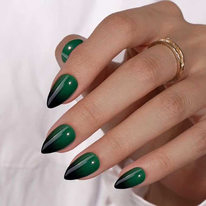 KQueenest Green Black Press On Nails Short Almond, Ombre French Press On Nails with Glue, Dark Fake Nails Press ons, Soft Gel Glue on Nails with Gradient Design for Women Christmas, 30 Pcs