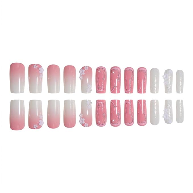 Press on Nails Medium Long Pearl Gradient Pink Fake Nails Square Bling Glossy 3D Flower False Nail Tips Artificial Nails Finger Manicure for Women and Girls,24pcs