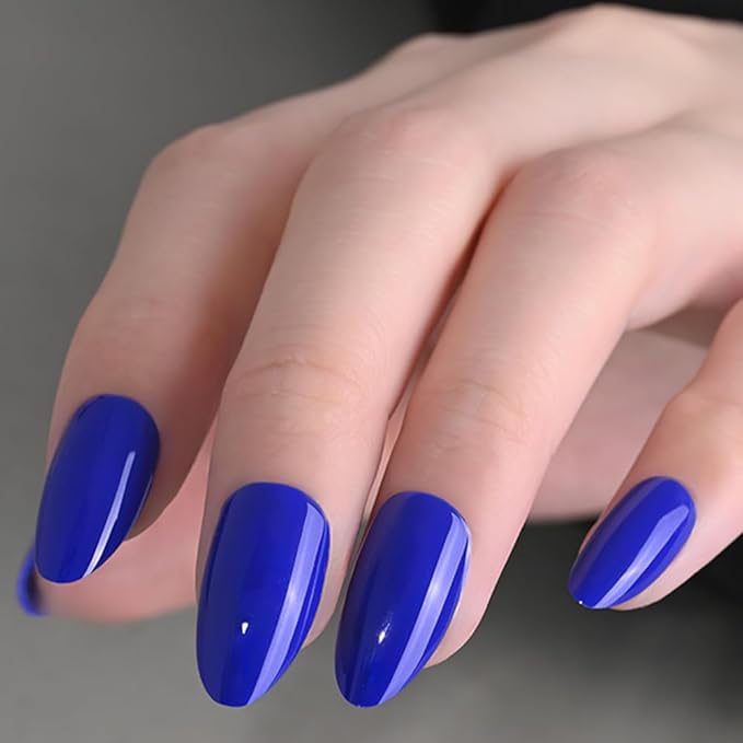 evpct Glossy Press on Nails Short Almond Short for Women, Royal Blue Fake Nail with Glue Salon Quality Reusable Stick on Nails In 15 Sizes 30Pcs Full Cover False Nail Soft Gel Set Kit for Gift, 25