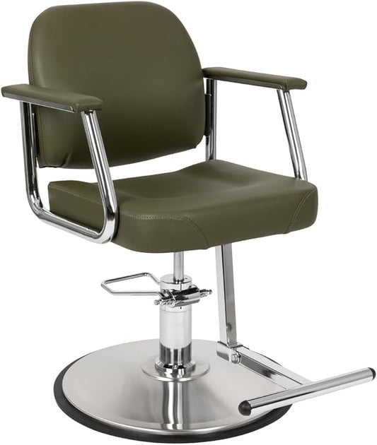 Zaria Wide Salon Styling Chair, Round Chrome 360° Swivel Hydraulic | Minerva Beauty (Olive Green)