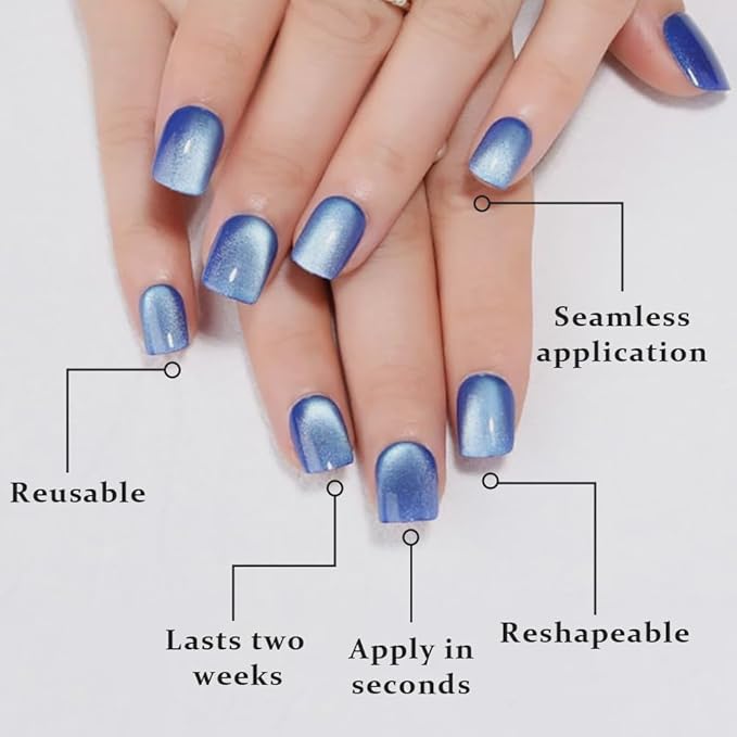 evpct Blue Cat Eye Extra Short Press on Nails Square, Petite Short Square Glue on Nails for Women Gift, Light Sky Blue Metallic Glitter Glossy Reusable Gel Press on Acrylic Fake Nail with Designs