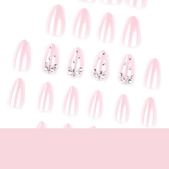 Nude Pink Rhinestone Press On Nails, Glossy Gradient Almond Fake Nails with Crystal Gems Design, Elegant Sparkly Stick On Nails for Women, 24PCS Reusable False Nail Set