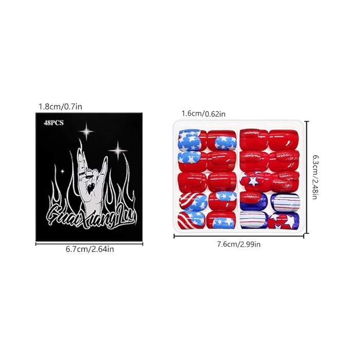 2 Packs 48Pcs Independence Day Press on Nails Short Square Fake Nails Stripe Star False Nails Patriotic Flag Patter Full Cover Acrylic Nails Glue on Nails for Women 4th of July Manicure Decoration