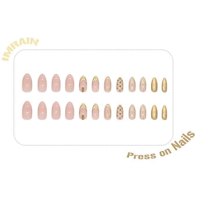 IMRAIN Medium Press on Nails Almond Fake Nails 3D Golden Edge French Tips Acrylic False Nails Glossy Nude Glue on Nails Artificial Nail Supplies Full Cover Stick on Nails for Women Girls 24Pcs