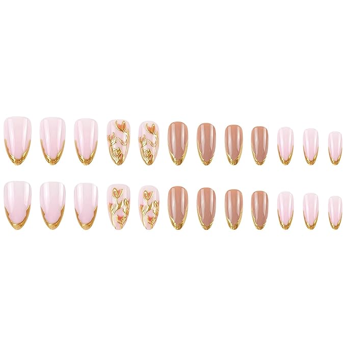 24pcs Gold French Tip Press on Nails Medium Almond Fake Nails with 3D Flower Acrylic Nails Designs Gold Stripes Acrylic Nail Tips Stick on Nails Floral False Nails Kit Glue on Nails for Women