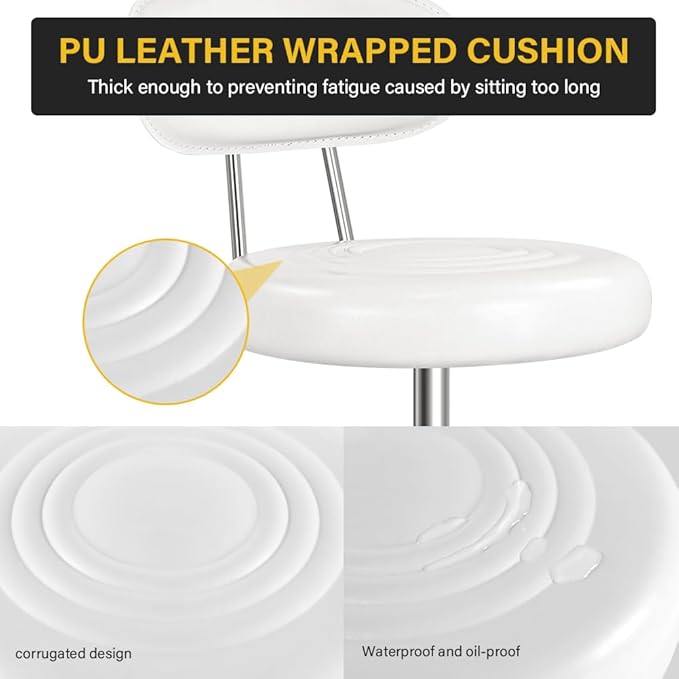 Rolling Stool with Wheels Swivel Stool with Back Height Adjustable Chair PU Leather Rolling Chair Ideal for SPA Salon Home Office Drafting Work (White)