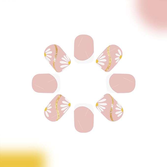 Flowers Press on Nails Square Short Fake Nails French Tip False Nails Nude Glossy Full Cover Acrylic Nails Summer Glue on Nails Cute Artificial Stick on Nails for Women Manicure 24 Pcs