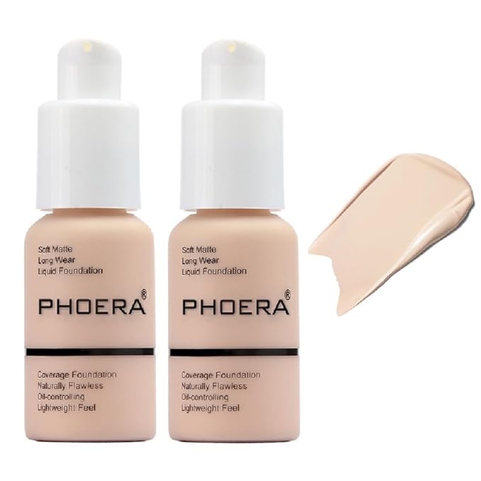 2 Pack PHOERA Foundation 101 Porcelain Makeup,Full Coverage