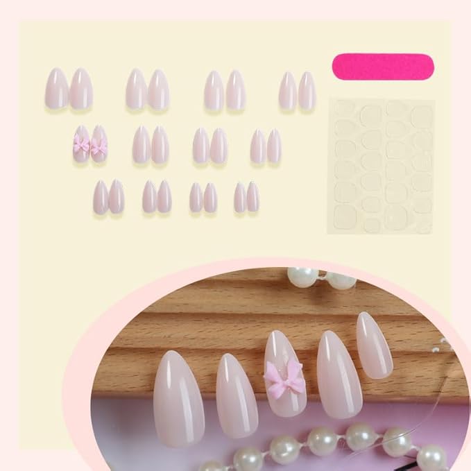 Almond Press on Nails Medium Fake Nails with Pink Bow Designs Glue on Nails Glossy Acrylic False Nails Full Cover Stick on Nail for Women Girls Manicure