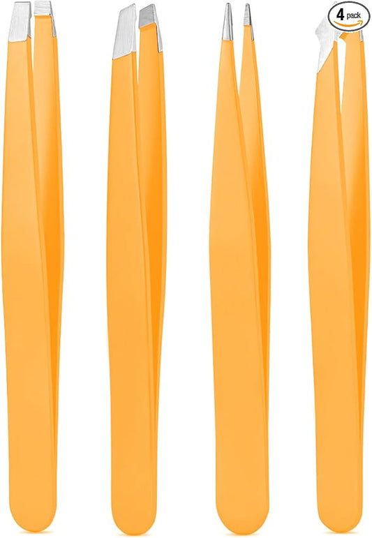 Tweezers Set, High Precision Stainless Steel Eyebrow Tweezers for Facial Hair, Inward Growing Hair and Splinter Remover Kit, Suitable for Women and Men, Pink and Black 4-Piece Set. (Orange)