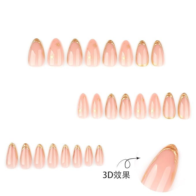 24Pcs Gold French Tip Press on Nails Almond Short Fake Nails Star Full Cover False Nails 3D Golden Stripe Glue on Nails Glossy Nude Acrylic Nails French Gold Artificial Nails Decoration for Women