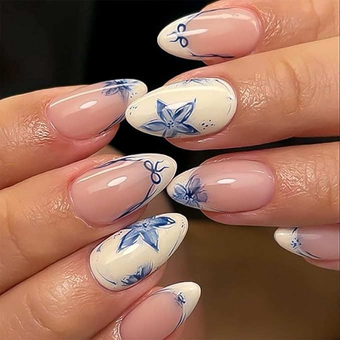 Blue French Tips Press On Nails Short Almond, Flower Sticke On Nails, Floral Designer Reusable Acrylic Nails Press Ons, Fake Nails With Glue On Nails, Daily Wea False Nails For Women Girls