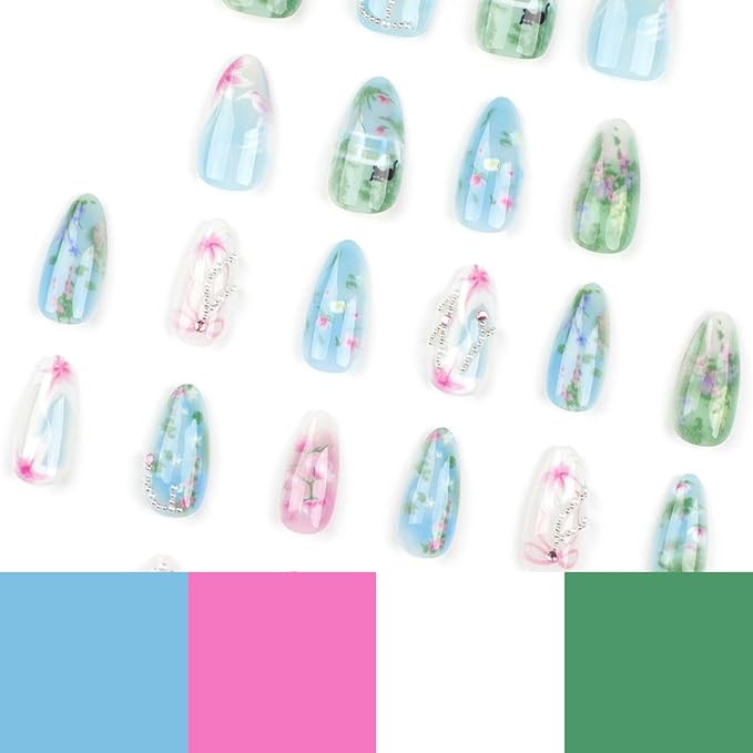 24Pcs Handmade Press on Nails Medium Almond Fake Nails Green Pink Flower Cute Cat Full Cover Glue on Nails Rhinestones Charms Glitter Designs Spring Summer False Nails for Women Girls Acrylic Nails