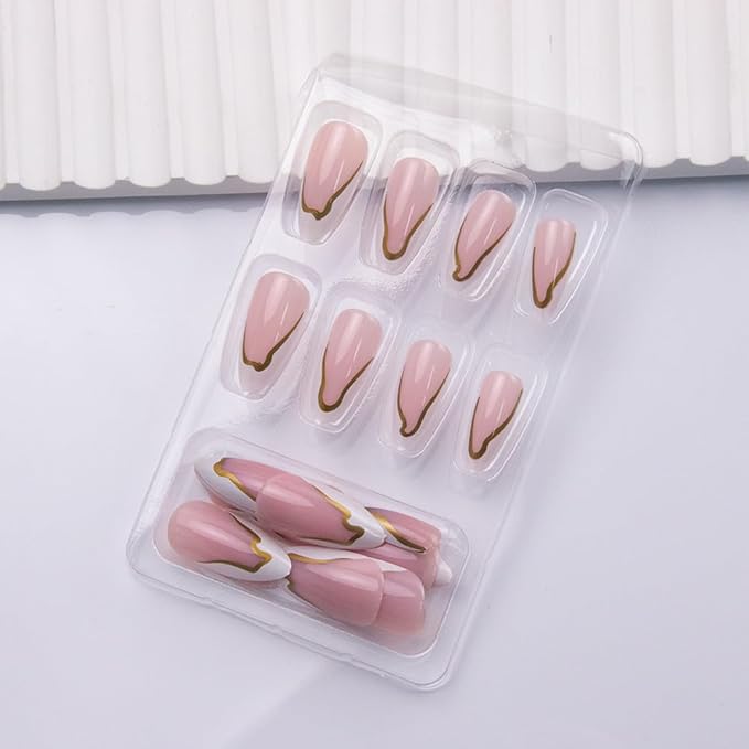 White French Tip Press on Nails Almond Medium Fake Nails Gold Stripes False Nails Full Cover Glossy Artificial Acrylic Stick on Nails for Women Manicure Decoration 24Pcs