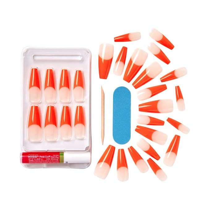 KISS Acrylic French False Nails Kit, X-Long Coffin Shape Design Nail, Orange Color French Tip Nails, Ready to Wear Gel & Manicure Stick included, Long-Lasting Convenient & Easy to Apply