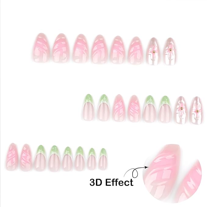Press On Nails Medium Almond Shape – 24PCS Reusable Fake Nails with 3D Flowers, Pearls, Pink and Green French Tips, Glossy Stick On Nails for Women and Girls, Easy to Apply, Long Lasting