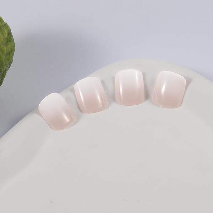 White Ombre Press On Nails Short, Glossy Soft Gel Press On Nails Square with Nail Glue, 15 Sizes - 30 Fake Nails Kit, Thick Natural Reusable Glue On Nails for Women, Silken White