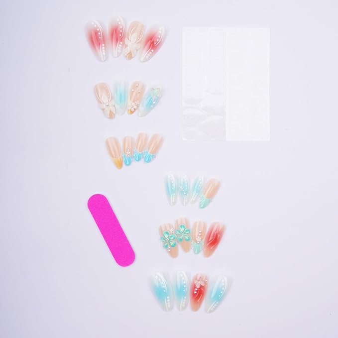 24Pcs Blue Flower Press on Nails Medium Almond Fake Nails White Blue Pearl Hawaiian Flowers with Pearl Design Summer Stick on Nails French Tip False Nails for Women Acrylic Nails Holiday Decorations