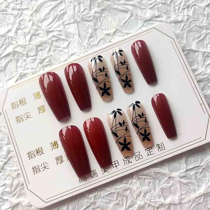 RikView Long Press Acrylic Nails - Red Coffin Fake Nails with Fall Design, Full Cover, 24 PCS/Set
