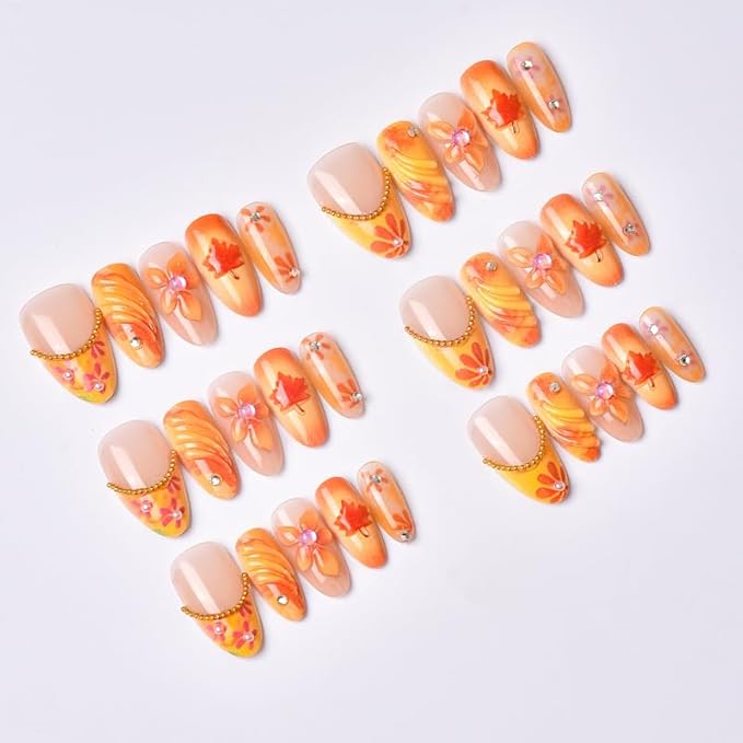 Fall Press on Nails Long Almond Fake Nails with Floral Diamante Gradient Design Stick on Nail for Women 24pcs