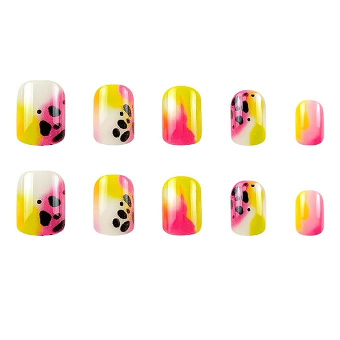 Short Press On Nails Square Fake Nails Leopard Print With Gradient Design Summer False Nails Full Cover Acrylic Nails Artificial Nails Glossy Glue On Nails Stick On Nails For Women 24pcs