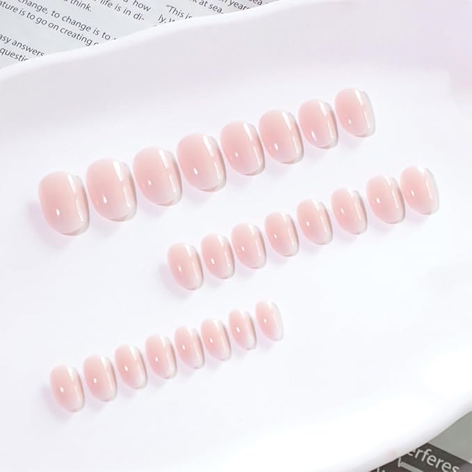 Pink Ombre Press-On Nails, Medium Short Square Shape, Glossy Gel Finish, 24pcs Reusable Nude Gradient Fake Nails Kit for Women, Natural Stick-On Acrylic Nails for DIY Manicure