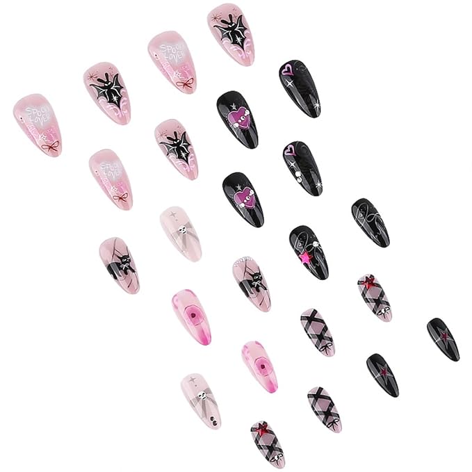 24Pcs Halloween Press on Nails Medium Almond Fake Nails with Cute Black Cat Bat Designs Pink Heart Bow Glue on Nail Full Cover Acrylic Artificial Nails for Women Halloween Manicure Decoration