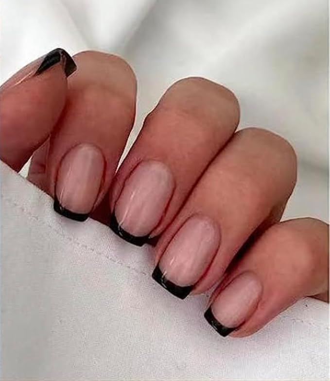 6 Packs (144 Pcs) French Tip Press on Nails - Jsiallye Wine Red/Black/Milky White Solid Color Short Square Press on Nails, Glue on with Nail in 12 Sizes - 24 Fake Nails Kit, Stick on Nails for Women