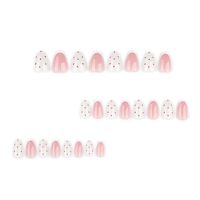 French Press On Nails Short Almond, Cute Nude Pink Fake Nails with White French Tip & Brown Dot Detail, Glossy Gel Finish Acrylic Nails, Reusable Glue On Nails Kit for Women, 24Pcs