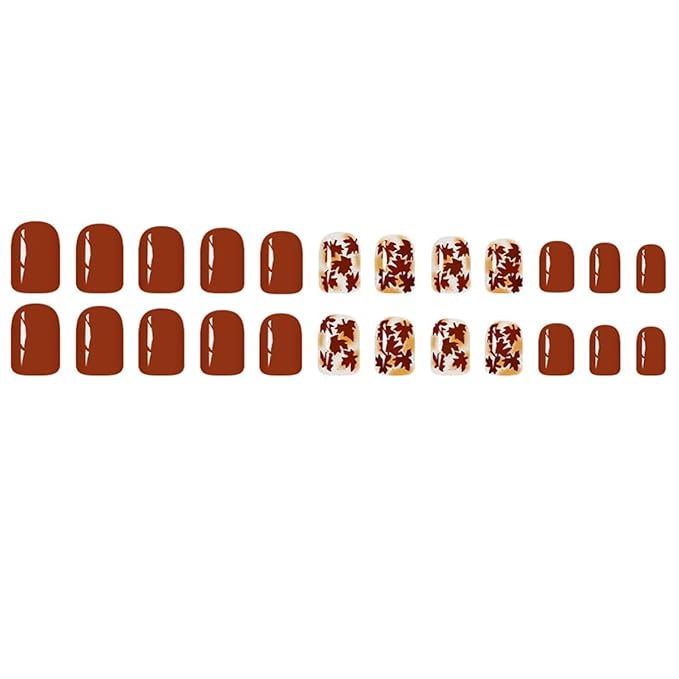 24Pcs Autumn Press on Nails Square Maple Leaf Fake Nails Short Fall Maple Leaves Nail Art Designs Full Cover Wine Red Glue on Nails Glossy Maple Leaf Acrylic Nails for Thanksgiving Day
