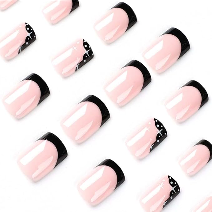 French Tip Black Press on Nails Medium White Fake Nails Square Glossy False Nail Tips Artificial Finger Manicure for Women and Girls 24pcs