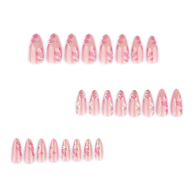 Pink Flower Press on Nails Medium Fake Nails Almond Shape Floral Design with Gold Accents Glue on Nails Spring Summer Artificial Nails Glossy Full Cover Stick on Nails for Women Girls, 24Pcs