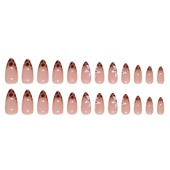Hkanlre Leopard Print Medium Press on Nails Nude Fake French Nails Tips Full Cover Almond False Nails for Women 24PCS