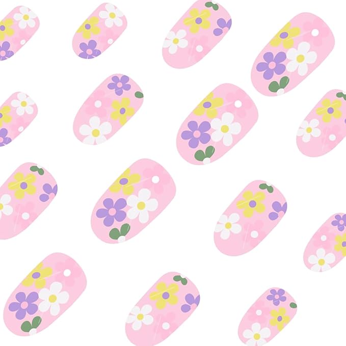 24Pcs Flower Press on Nails Short Fake Nails Colorful Daisy Glue on Nails Floral Acrylic Nails Almond Shape False Nails Spring Stick on Nails Cute Artificial Nails for Women Girls Wear Manicure Kit