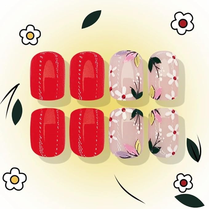 Flowers Press on Nails Short Square Fake Nails Red Spring Acrylic Nails Floral False Nails Glossy Glue on Nails Stick on Nails Cute Artificial Nails for Women Girls Manicure 24Pcs