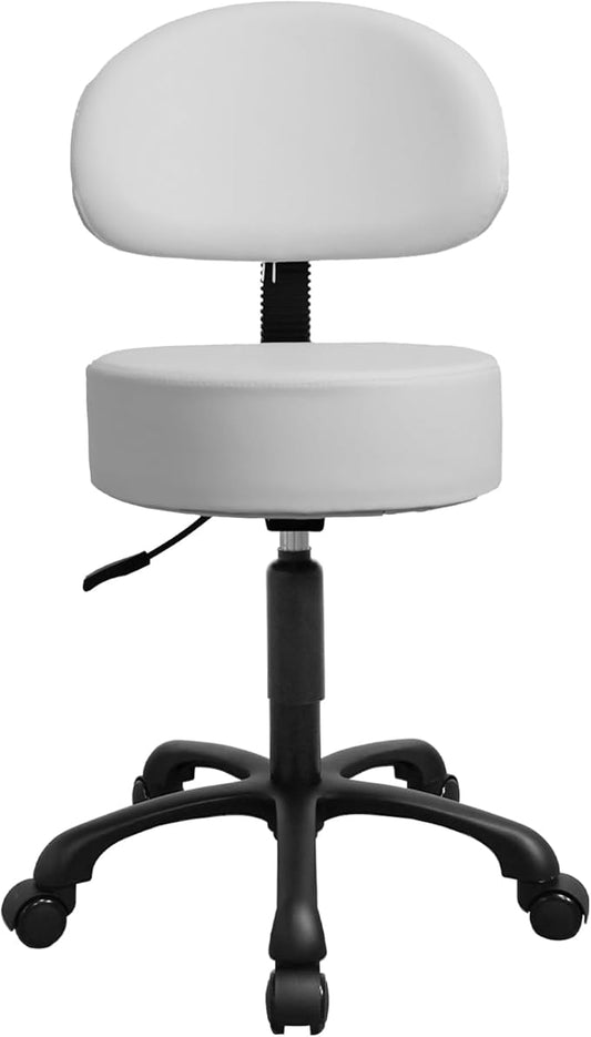 Black Lift Swivel Rolling Stool Round Chair,Thick Sturdy Padding,Adjustable Stool with Wheels for Doctor,Medical,Massage Salon,Office,Shop(with Back, White)