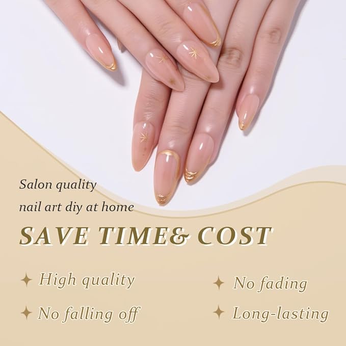 Gold French Tip Press On Nails Medium Almond, 3D Line Star French Tip Sticke On Nails, Designer Reusable Acrylic Nail Press Ons, Fake Nail With Glue On Nails, Daily Wea False Nail For Women