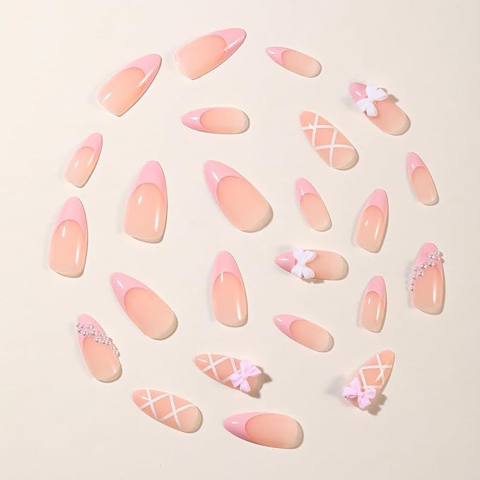 24Pcs Bow Press on Nails Pointed Almond Fake Nails with Pink White French Tip Design Bow Charms False Nails Full Cover Artificial Glue on Nails Nude Stick on Nails Pearl Nail Supplies for Women DIY