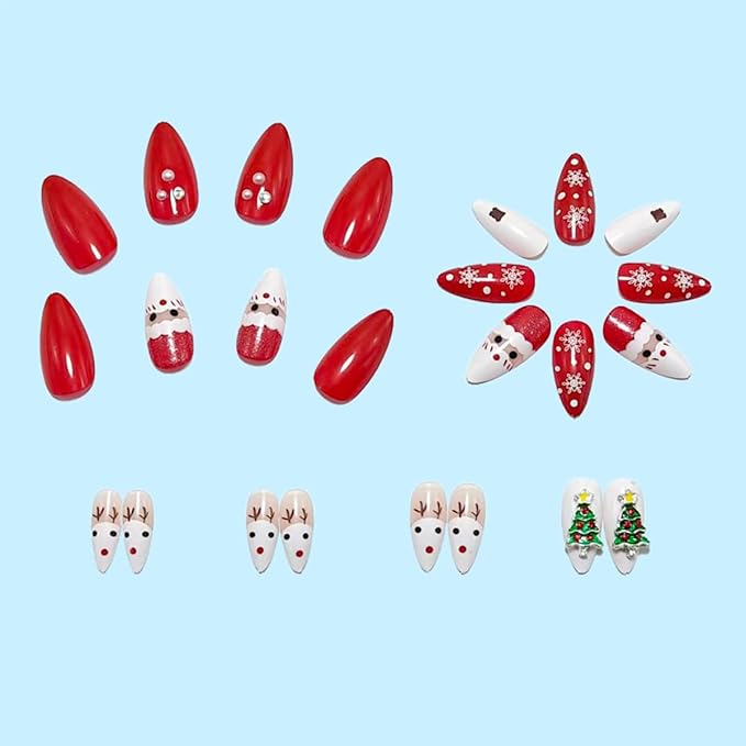 24Pcs Christmas Press on Nails Medium Almond False Nails Winter Artificial Glue on Nails with Xmas Tree Santa Claus Elk Designs Christmas Fake Nails Red White Full Cover Cute Stick on Nail for Women