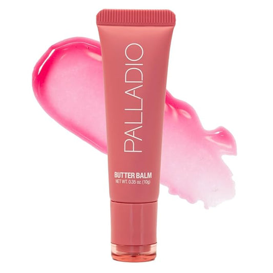 Palladio Butter Balm - Hydrating Lip Balm with Sheer Tint, Aloe, Peptides, Shea Butter, and Vegan Formulation for Instant Moisture, Shine, and Soothing Lip Care, Strawberry Shortcake