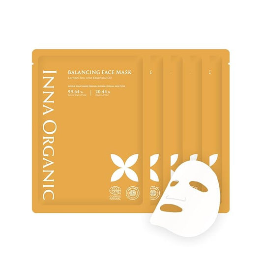 INNA ORGANIC Sheet Mask - Balancing & Oil Control, EWG & COSMOS Certified (Pack of 5) | Lemon Tea Tree Essential Oils Infused Skin Care | Luxury Clean Beauty