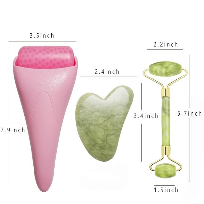 3 in 1 Ficial Face Ice Jade Roller and Gua Sha Tool, Natural Real Jade Anti-Wrinkle Face Eye Neck Massager Tool, Reduce Wrinkles, Puffiness, Migraine, Redness, Pain and Injury，Pink