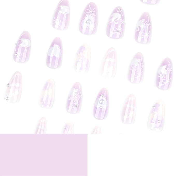 24pcs Flower Press on Nails Medium Almond Fake Nails with 3D White Swan Pearl Designs Cute False Nails Bow Heart Glue on Nails Full Cover Acrylic Nails Stick on Nails for Women Nail Decoration