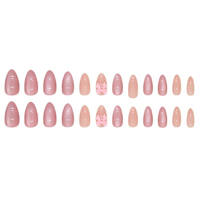 Hkanlre Pink Press on Nails Medium Bow Fake Nails Tips Full Cover Almond False Cute Nails for Women and Girls 24PCS
