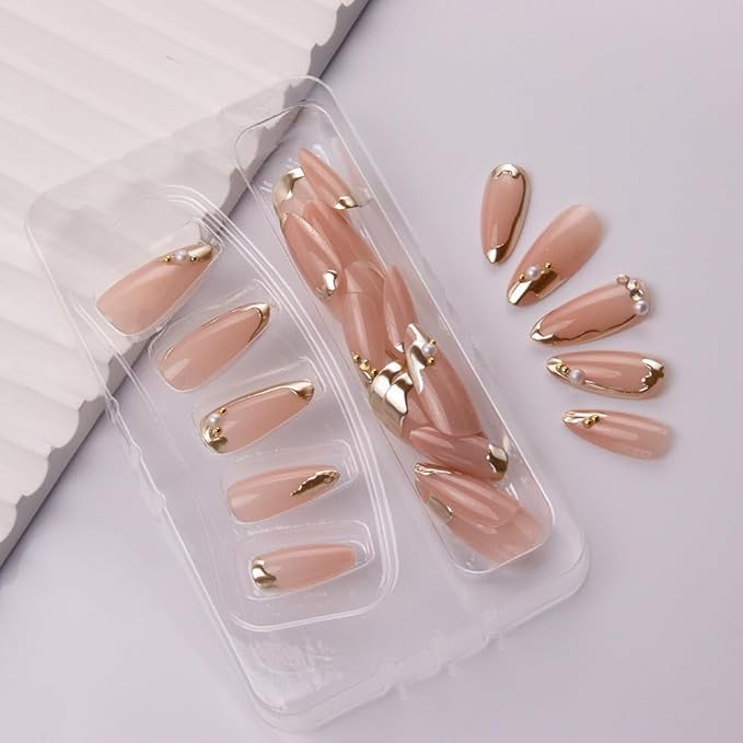 Press on Nails Almond Fake Nails French Tip False Nails Press ons Medium Gold Line Glue on Acrylic Nails Glossy Full Cover for Women Manicure Decoration 24Pcs
