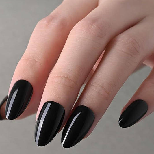 evpct Glossy Press on Nails Short Almond Short for Women, Black Fake Nail with Glue Salon Quality Reusable Stick on Nails In 15 Sizes 30Pcs Full Cover False Nail Soft Gel Set Kit for Gift, 29