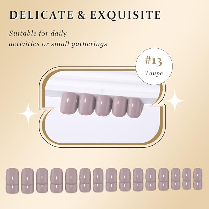 evpct Acrylic Taupe Glossy Press on Nails Short Square, Glossy Taupe Fake Nails Reusable False Nail Stick Glue on Press ons for Women Gifts, Perfectly Fit Durable False Nail Kit with Gel Glue 30Pcs