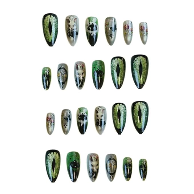 Medium Almond Press on Nails Cat eye Fake Nails Green Silver Glitter Artistic Nail Floral Butterfly Stick on Nail for Women 24pcs