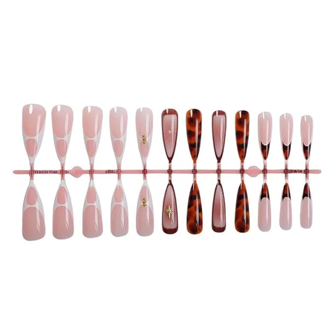 Stiletto Press on Nails Long Fake Nails French Tip with Brown Ombre Gold Starburst Design Glue on Glossy Acrylic Full Cover Stick on False Nails for Women 24 Pcs