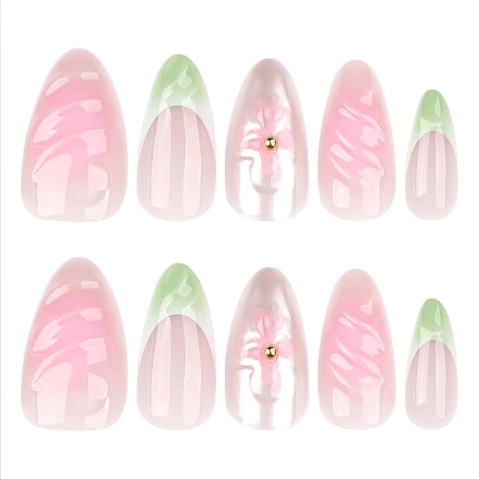 Press On Nails Medium Almond Shape – 24PCS Reusable Fake Nails with 3D Flowers, Pearls, Pink and Green French Tips, Glossy Stick On Nails for Women and Girls, Easy to Apply, Long Lasting